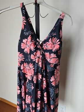 Floral V-Neck One-Piece Swimsuit in Navy with Pink Floral Print